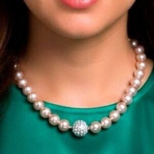 Champagne Pink Faux Pearl Strand Necklace Rhinestone Screw Pave Ball Clasp